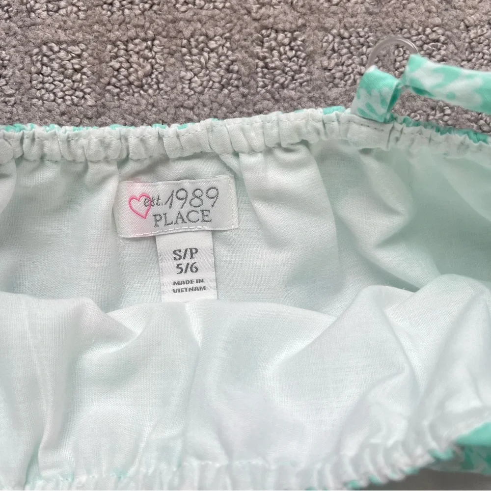 Children’s Place Spaghetti Strap Ruffle Smock Dress White Mint Lime Green 5/6